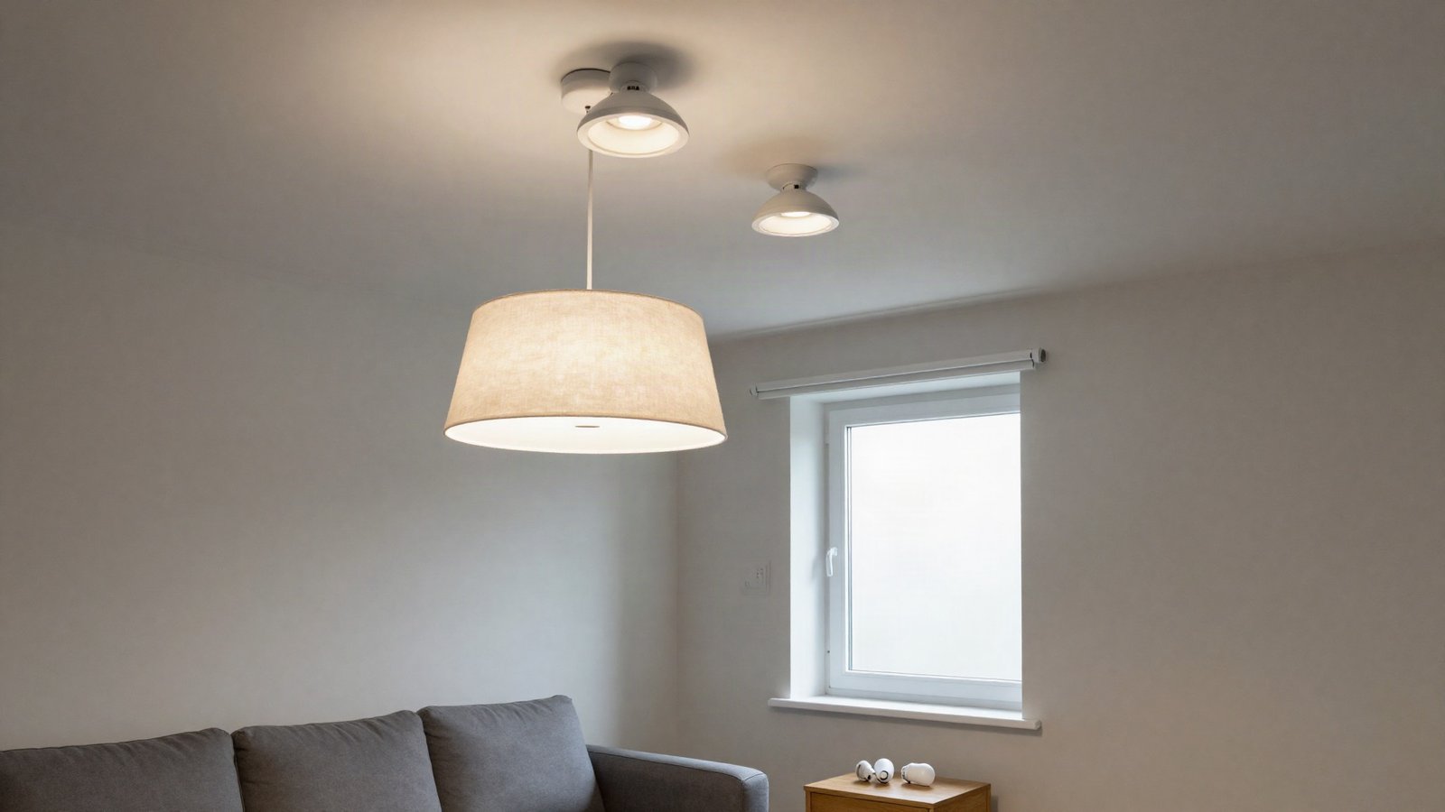 A UK living room ceiling with GU10 downlights and a pendant fitting, with a rotary dimmer plate on the wall