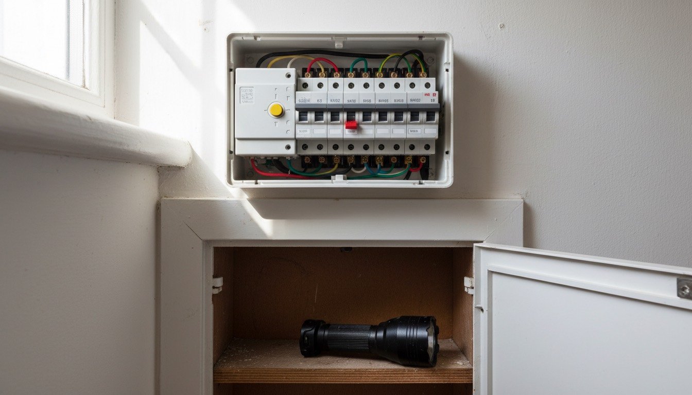 An open UK consumer unit on a hallway wall with one miniature circuit breaker switched to the off position