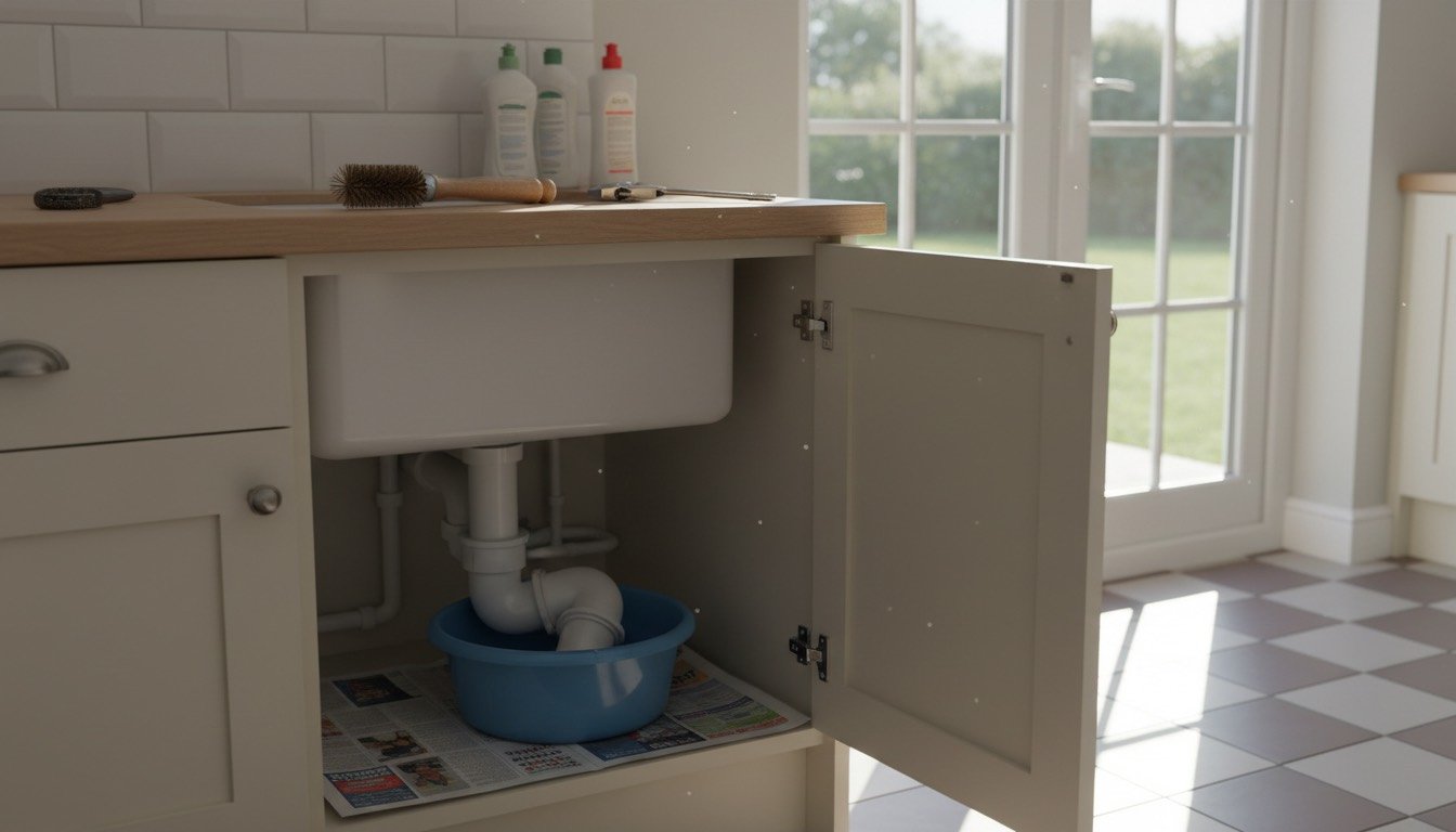 A white plastic P-trap removed from beneath a UK kitchen sink, sitting in a washing-up bowl with a bottle brush alongside