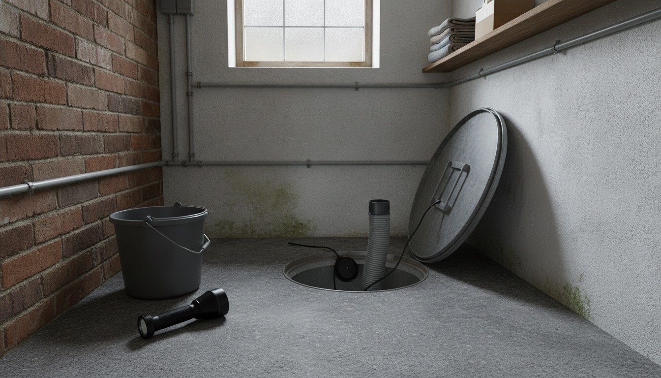 Sump pump sitting in an open pit in a UK cellar floor, with the float switch and discharge pipe visible and a torch and bucket alongside