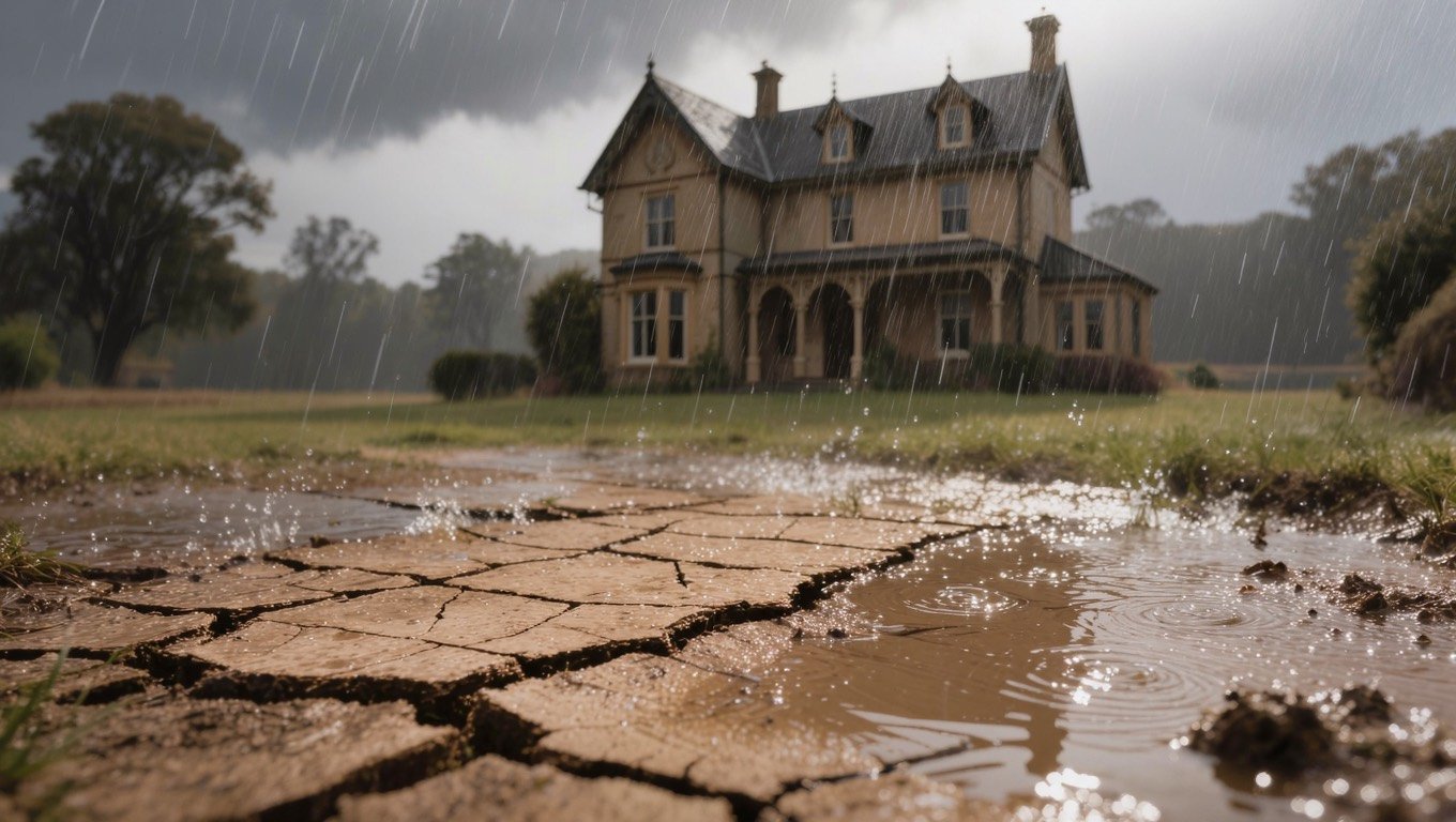 Heavy rain pooling on a cracked, sun-baked front garden path beside a Victorian terraced house with a black flood guard fitted across the front door