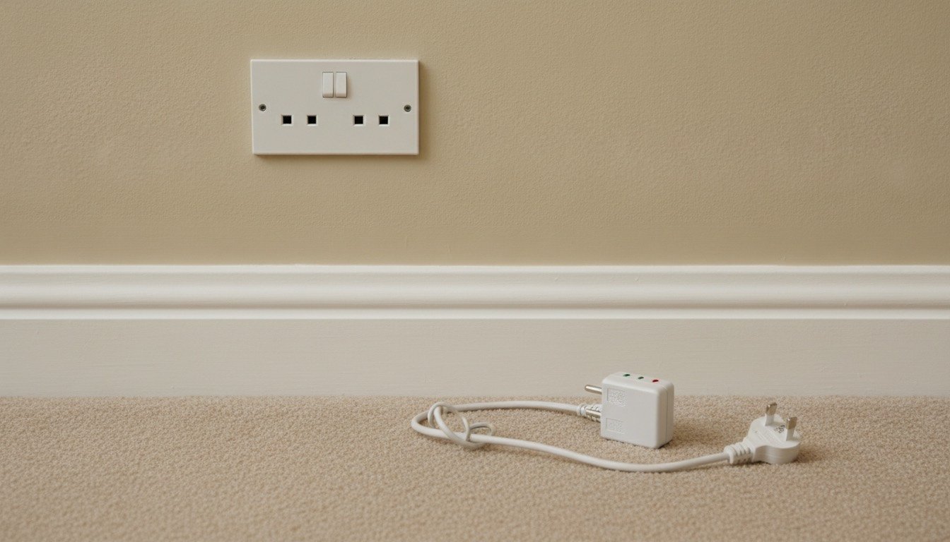 A dead white double plug socket on a painted wall above a skirting board, with a plug-in socket tester and a table lamp plug on the carpet below