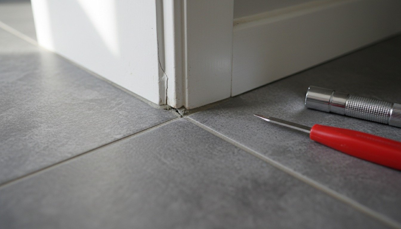 Close-up of a cracked grout line running along the junction between a tiled floor and skirting in a UK bathroom, with a grout rake resting on the tiles