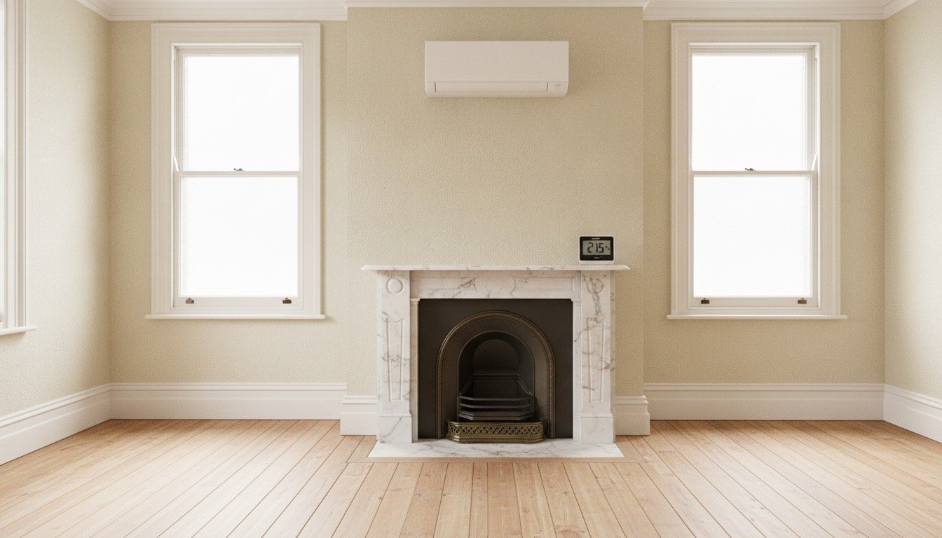 Wall-mounted split air conditioning unit in a Victorian sitting room with sash windows and stripped floorboards