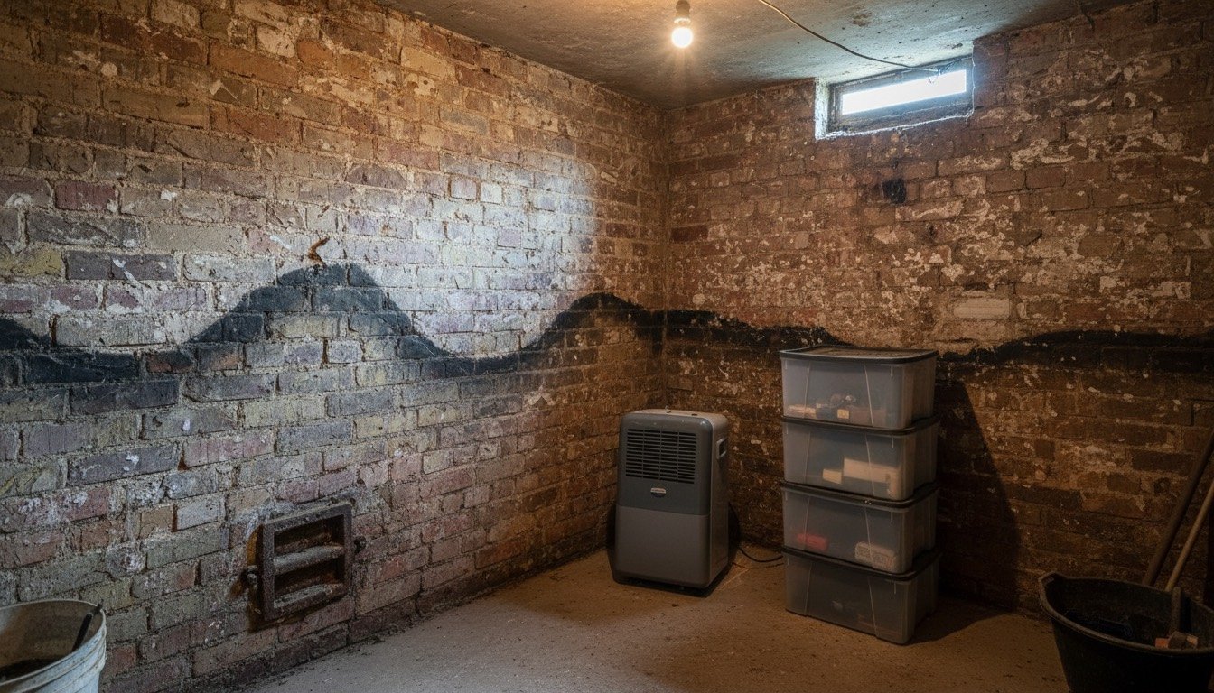 Damp patch and white efflorescence salts on the solid brick wall of a Victorian cellar, with a dehumidifier running beside stacked storage boxes