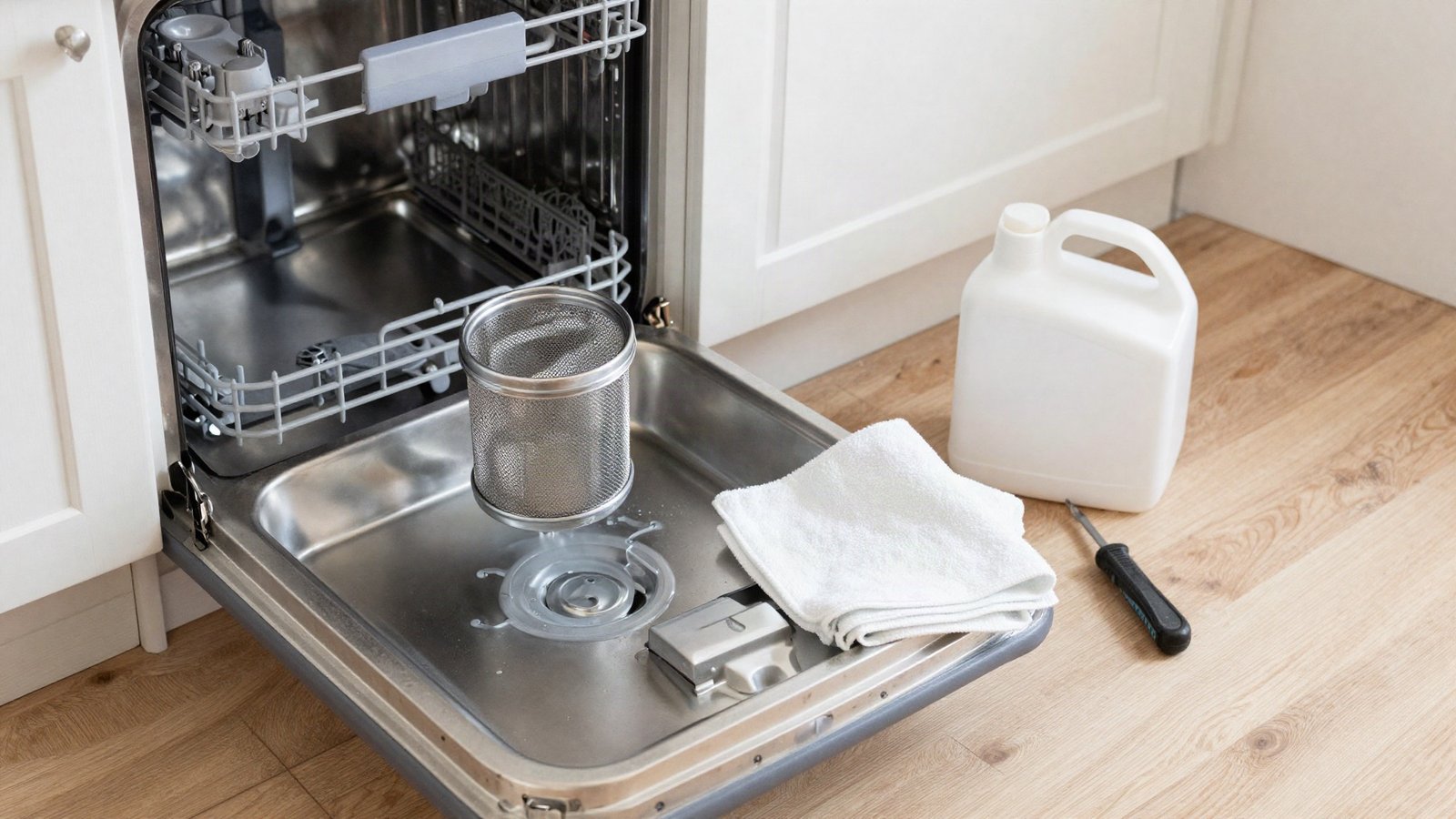 An open integrated dishwasher in a UK kitchen with standing water in the base and the cylindrical filter lifted out onto a tea towel
