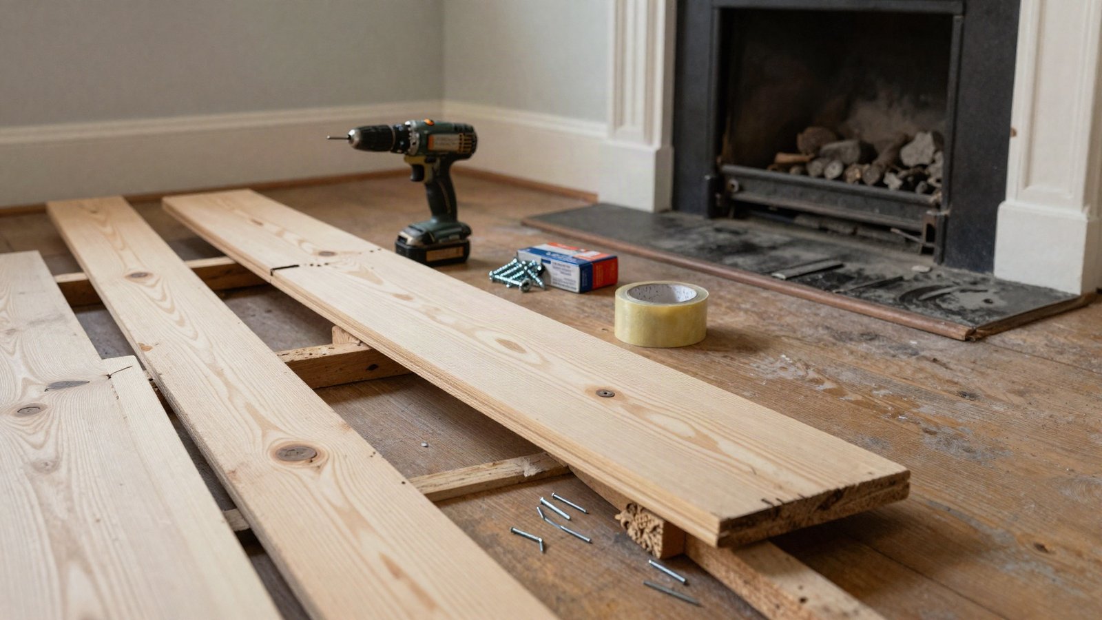 Lifted pine floorboards in an empty Victorian bedroom showing timber joists, old cut nails and a cordless drill
