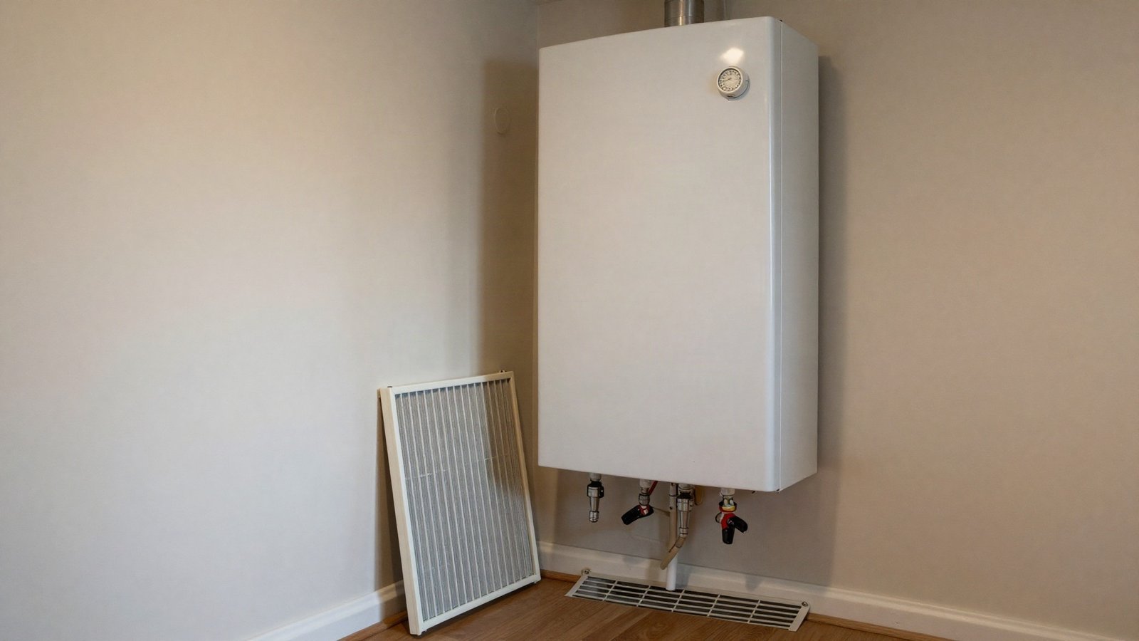 A ducted warm-air heating unit in a UK utility cupboard with its return-air grille and a wall thermostat nearby