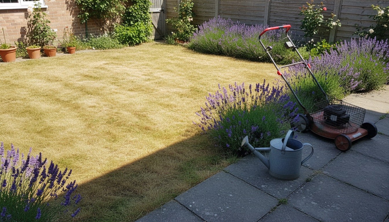 A British back garden lawn showing straw-coloured drought patches next to greener grass, with a rotary mower parked on the paving