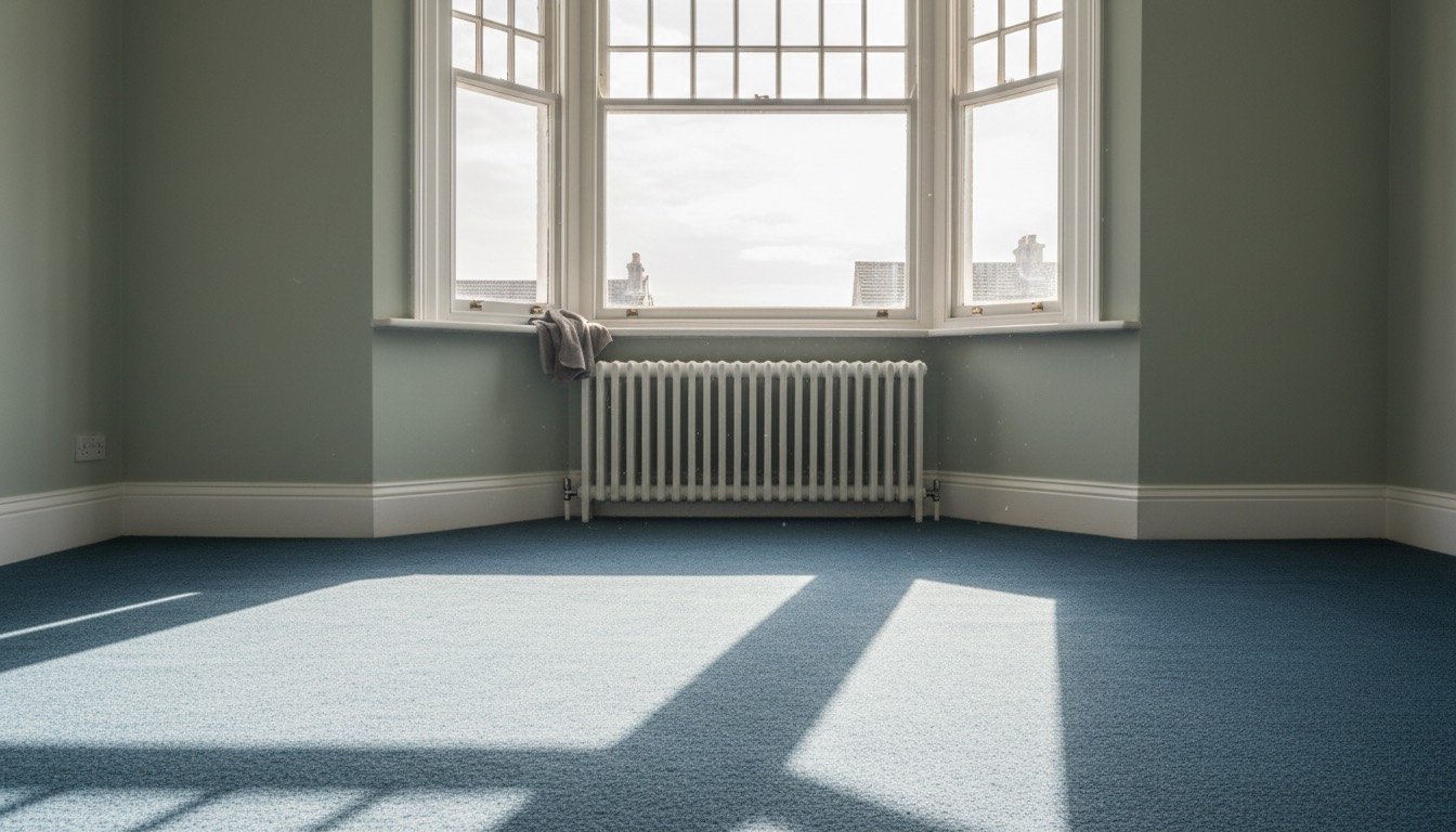 Sunlight through a bay window revealing airborne dust motes above a carpeted British living room, with a radiator and skirting board visible