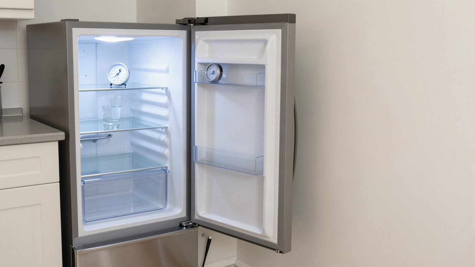 Open freestanding fridge-freezer in a small UK kitchen with the salad drawer pulled out and a fridge thermometer on the middle shelf