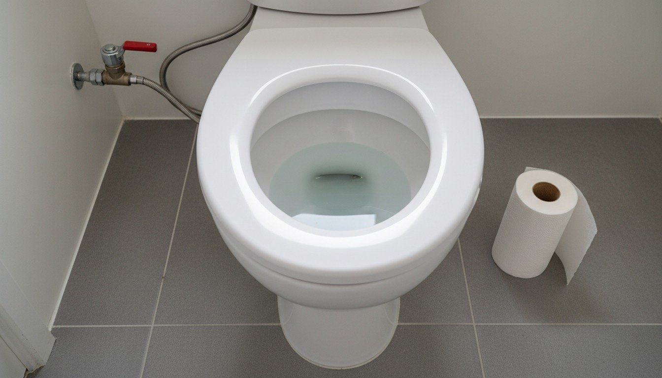 A white close-coupled toilet pan in a small tiled UK bathroom with a thin pool of water on the floor at the base and a roll of kitchen paper beside it