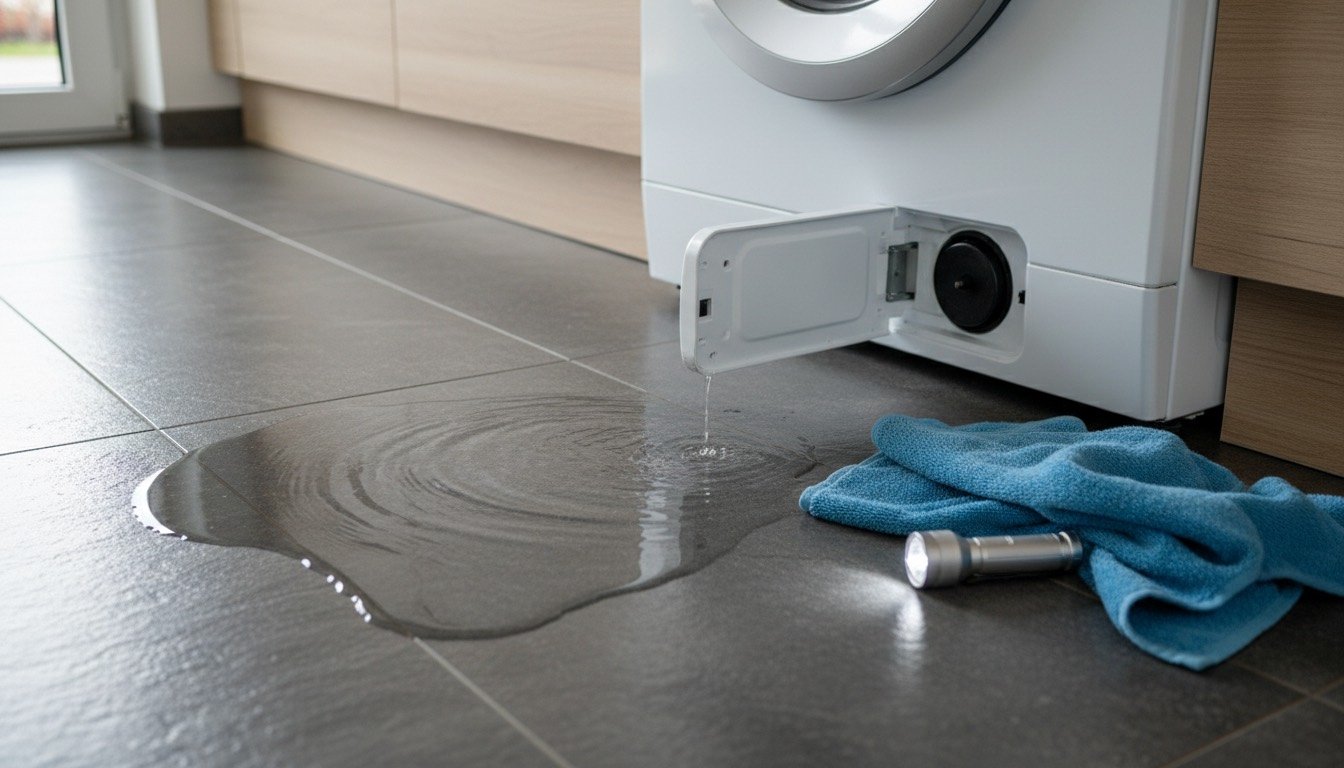 Water pooling on a tiled kitchen floor in front of a white front-loading washing machine, with a folded towel and a torch beside the plinth