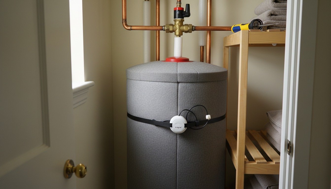Foam-lagged copper hot water cylinder in a UK airing cupboard with immersion heater cap, cylinder thermostat and motorised valve