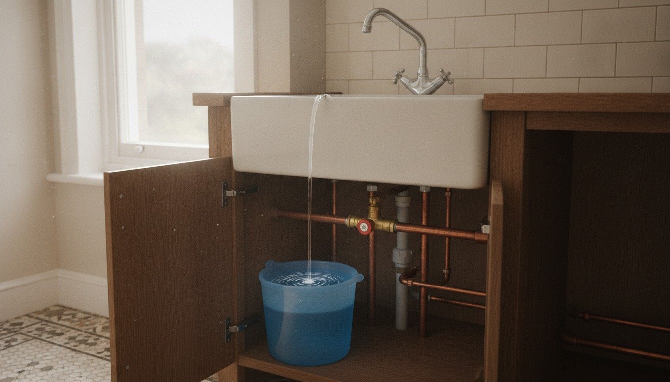 A kitchen cold tap running weakly into a bucket beside a brass mains stopcock and copper pipework under a UK sink