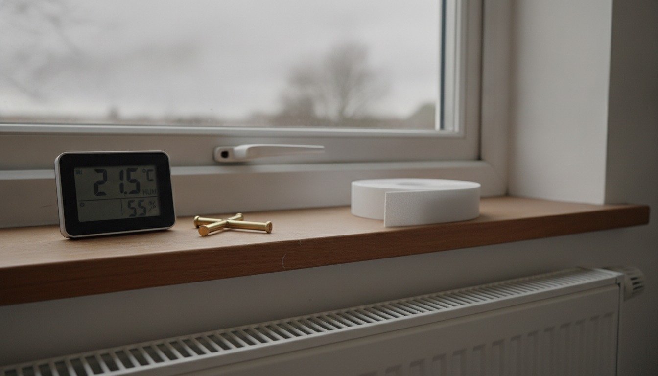 Digital room thermometer and radiator bleed key on a windowsill above a white panel radiator in a UK bedroom