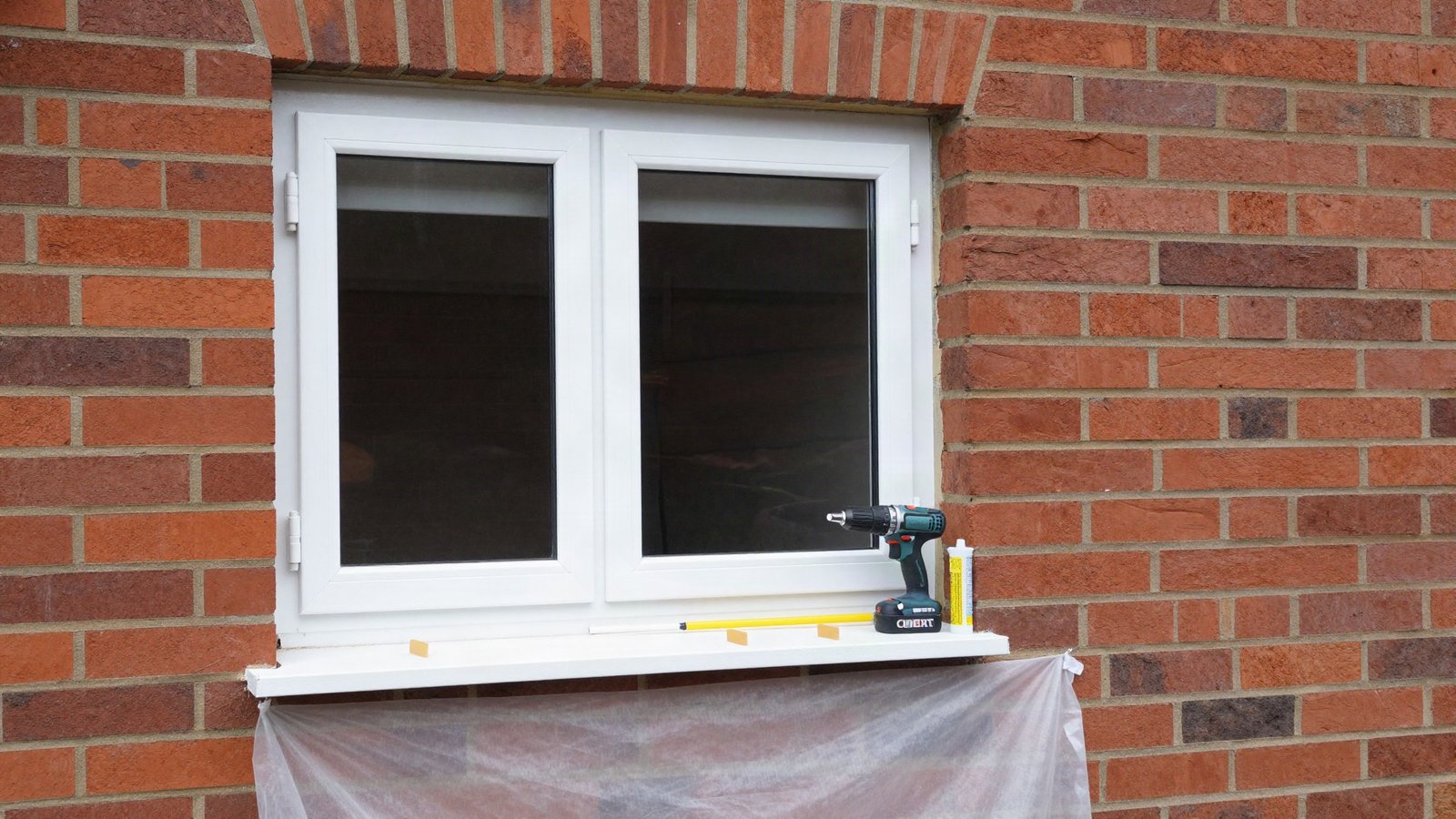 A white uPVC casement window part-fitted into a brick opening, with packers, a foam gun and a silicone cartridge on the internal sill