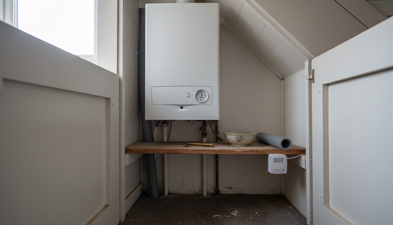 A wall-mounted combi boiler in an open under-stairs cupboard with a pressure gauge, radiator bleed key and foam pipe lagging on the shelf below