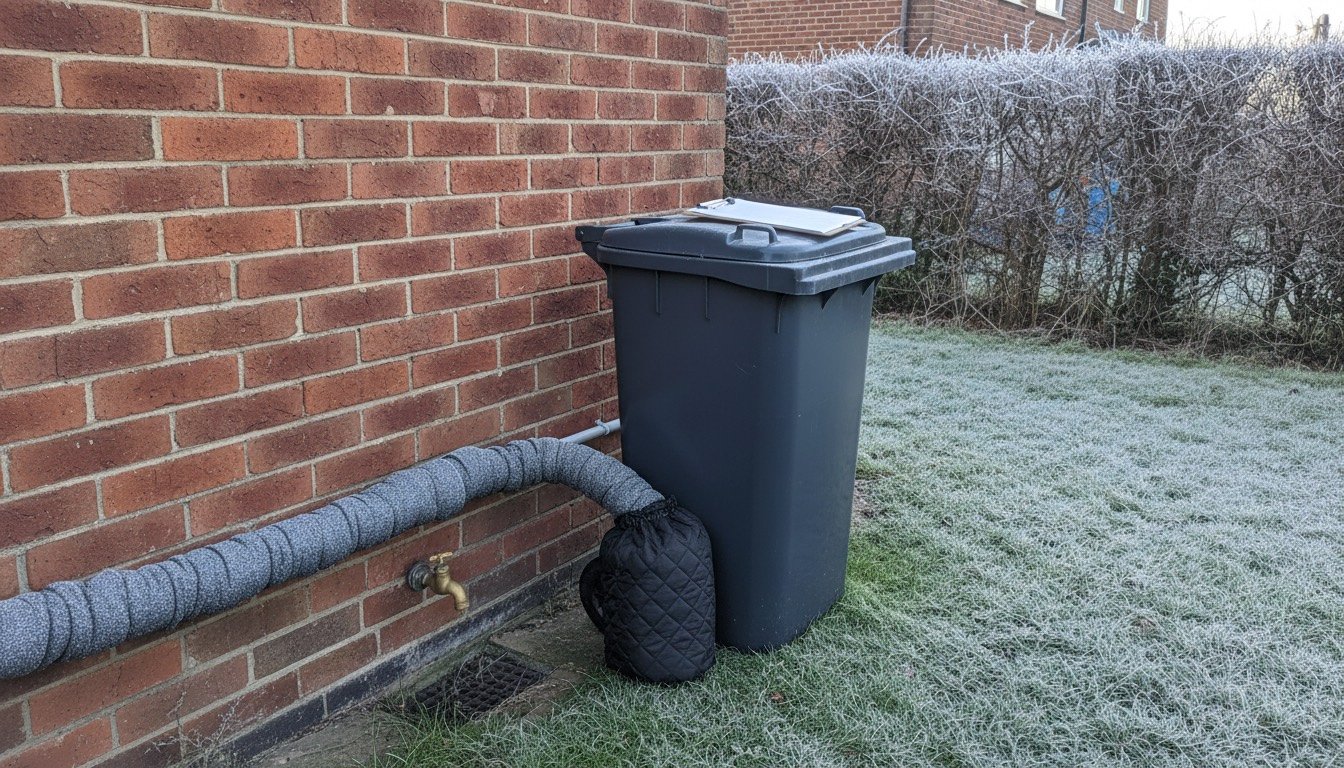 A printed winter maintenance checklist on a clipboard beside a lagged copper pipe and boiler condensate pipe on the outside wall of a UK semi-detached house on a frosty morning