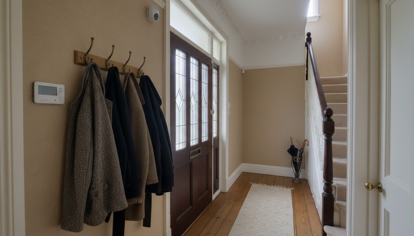 A wireless alarm keypad mounted beside the front door of a UK hallway, with coats on hooks and a hallway runner on floorboards