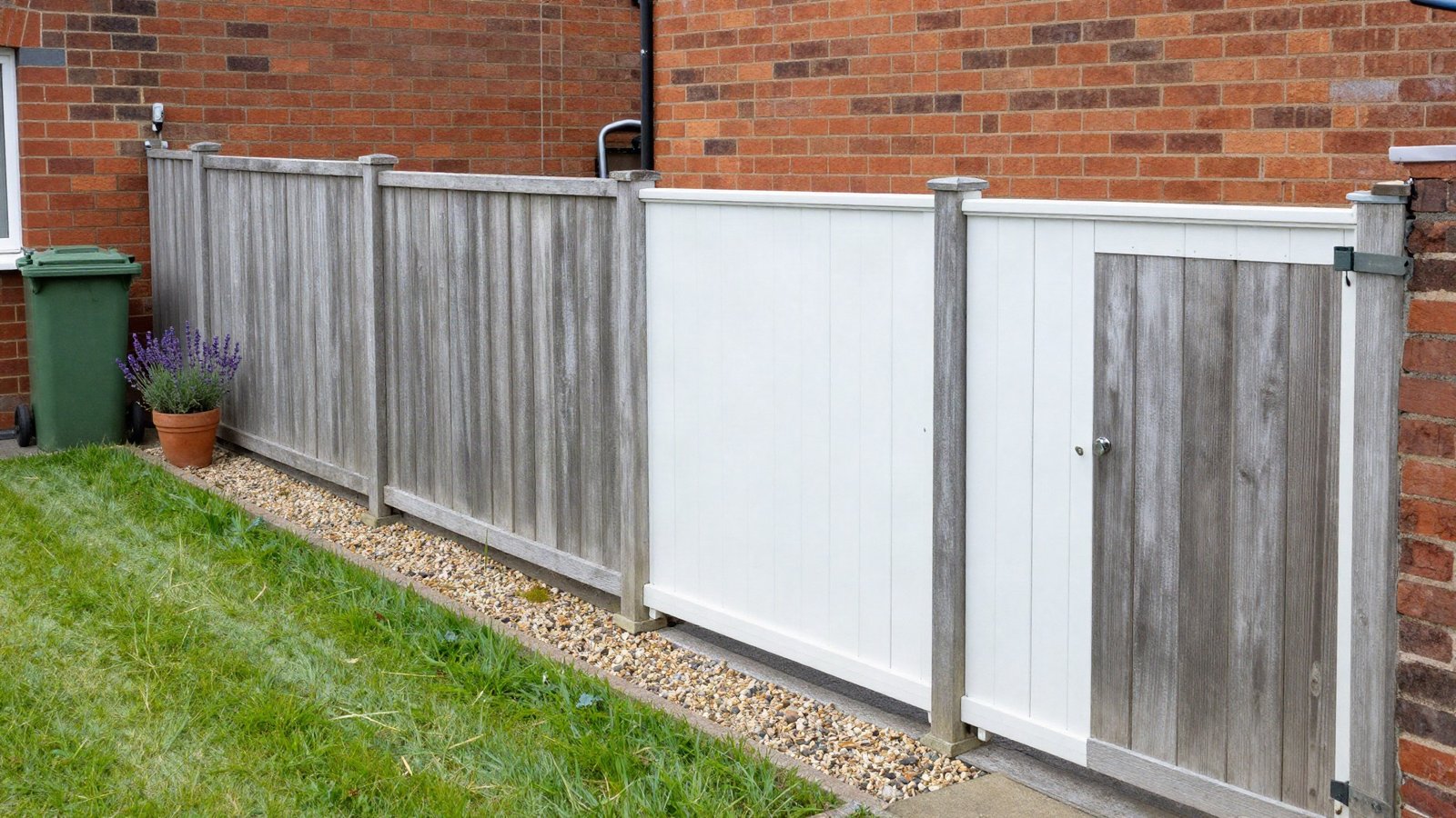 A closeboard timber fence with concrete posts and gravel board along one side of a British back garden, with a white PVC-u fence panel on the far boundary