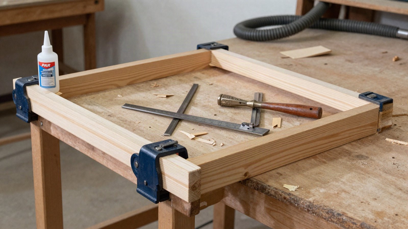 A home workshop bench with PAR softwood offcuts, sash clamps, a marking gauge, a chisel and a combination square laid out beside a part-assembled pine frame