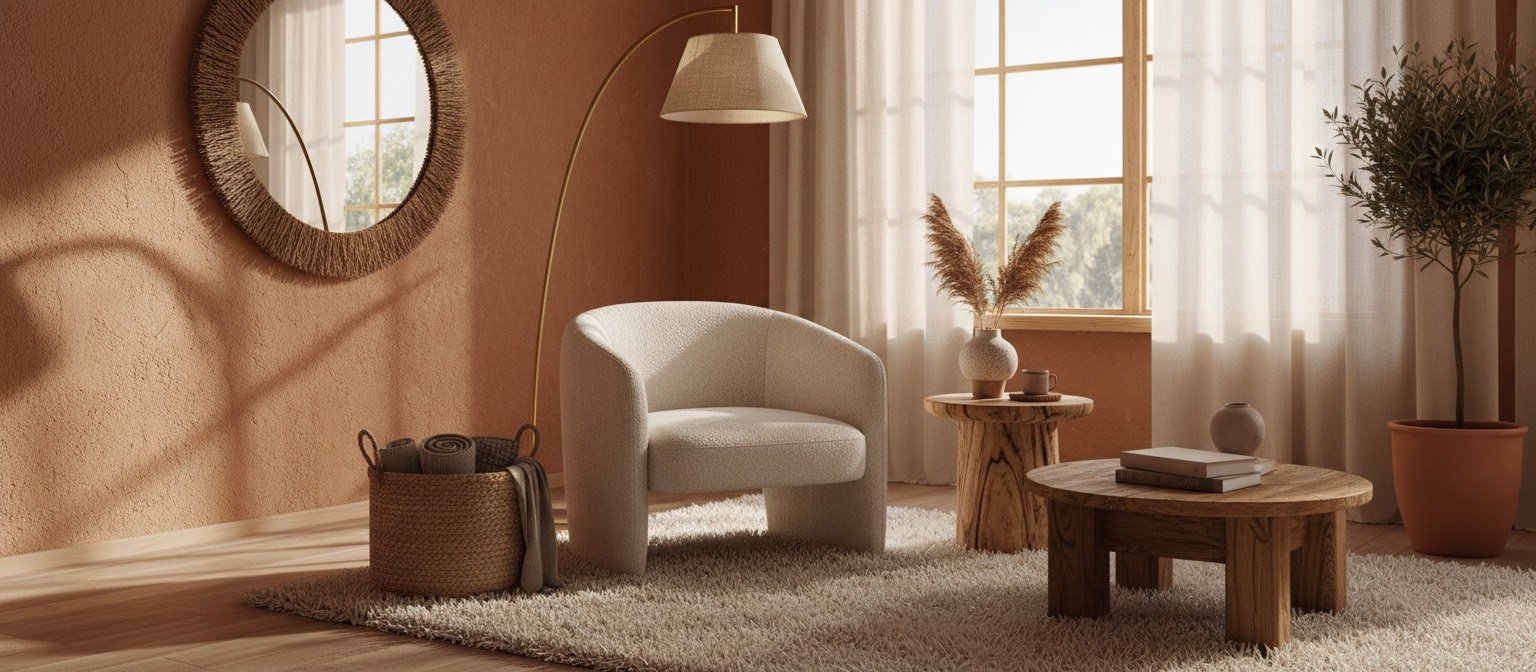 Beautifully styled warm living room with terracotta tones and layered textures