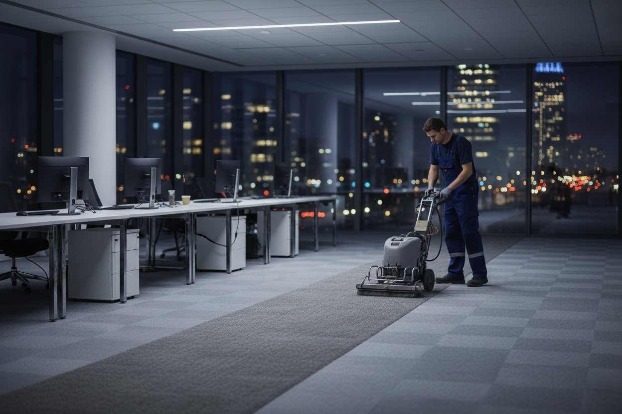 Technician cleaning carpet tiles in a modern open-plan office at night