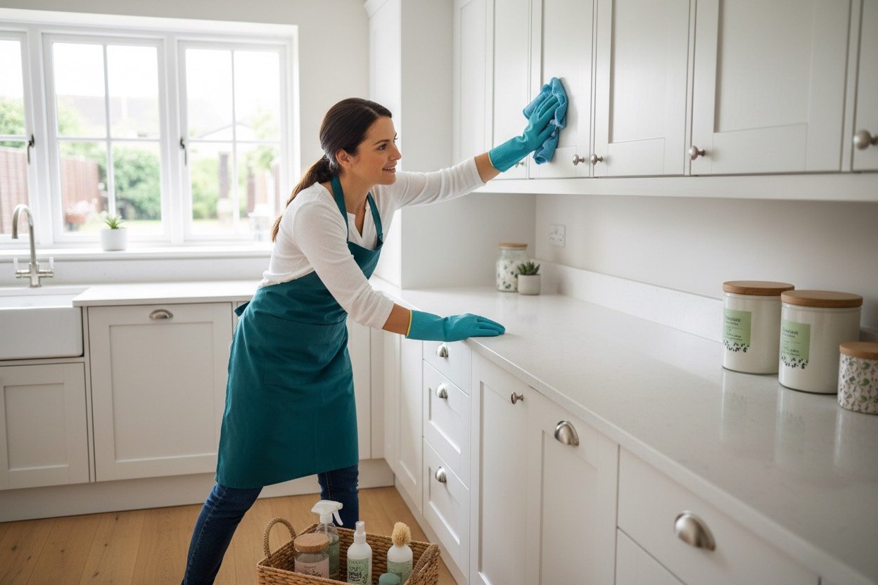 Cleaner in branded apron wiping down white kitchen cabinets during a deep clean