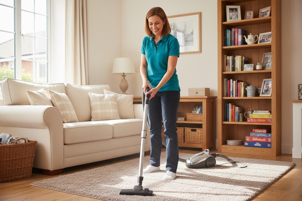 Friendly professional cleaner vacuuming a bright modern living room