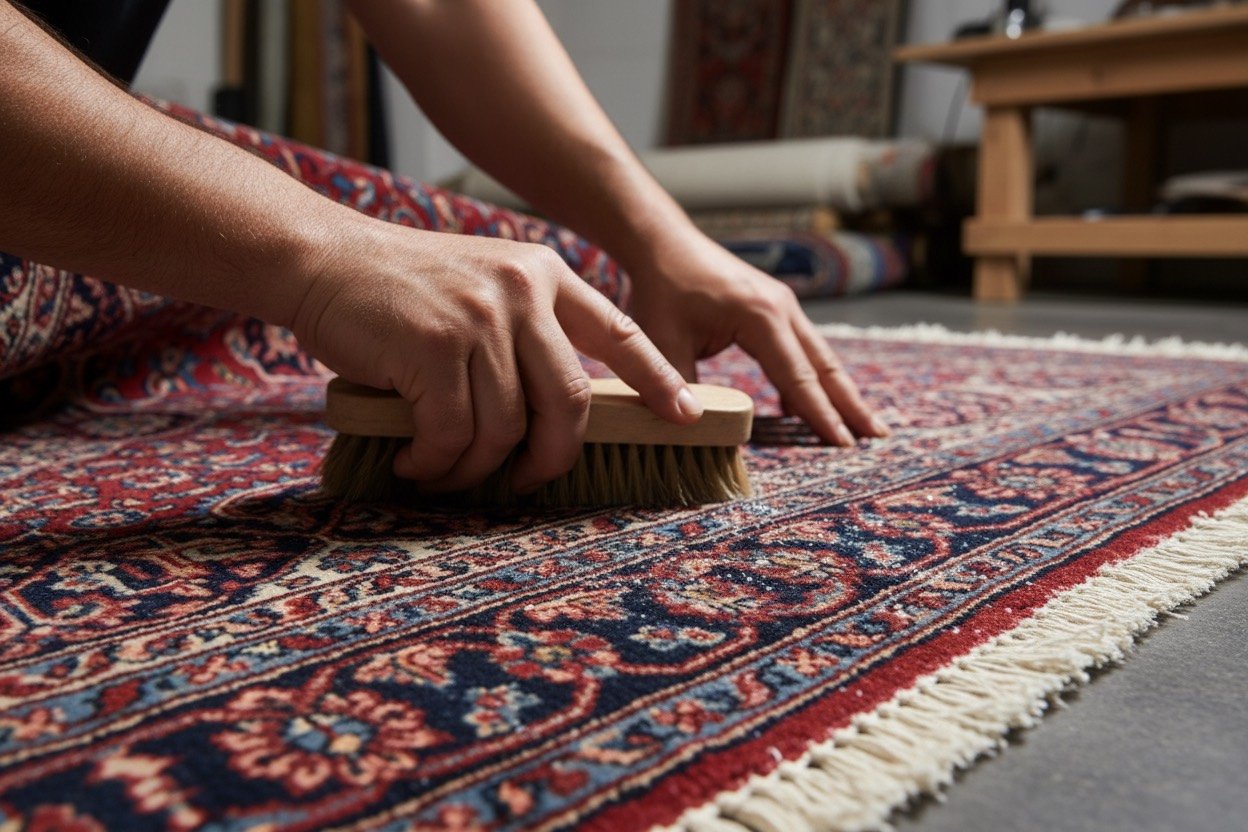 Close-up of a traditional patterned Persian rug being carefully cleaned by hand