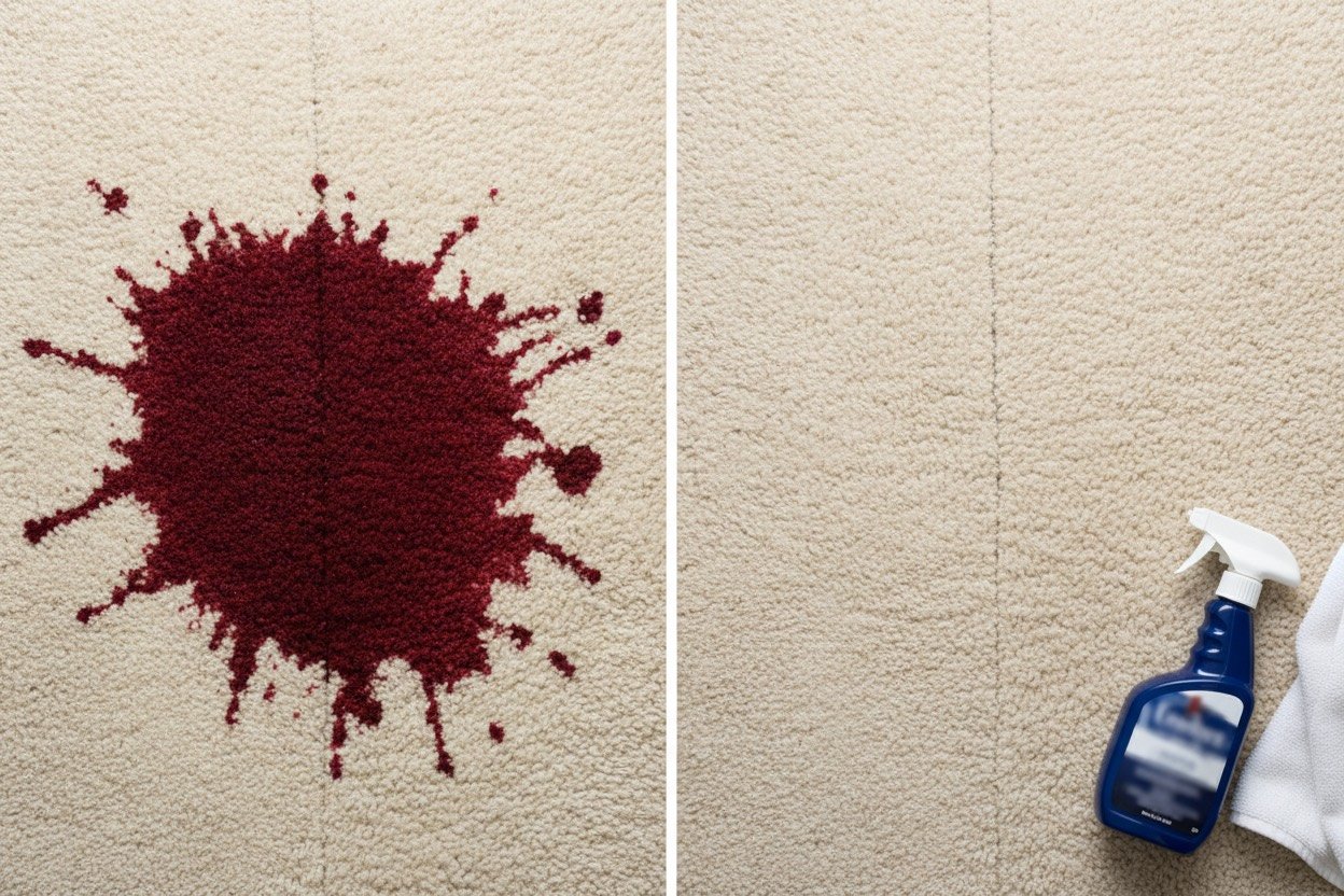 Before and after of a red wine stain being removed from a cream carpet