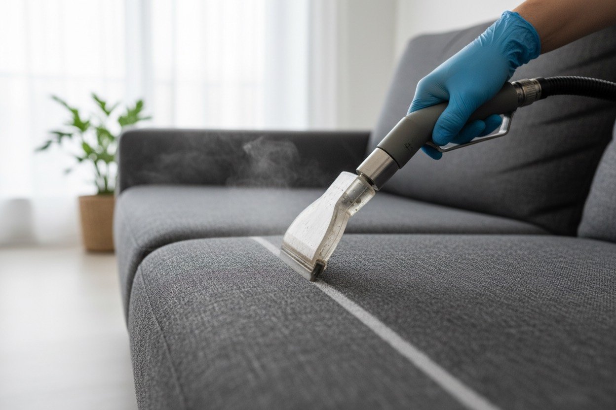 Technician steam cleaning a grey fabric sofa cushion in a bright living room
